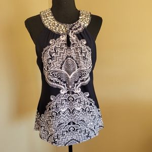 INC Navy Blue & White Halter Style Top With Rhinestones